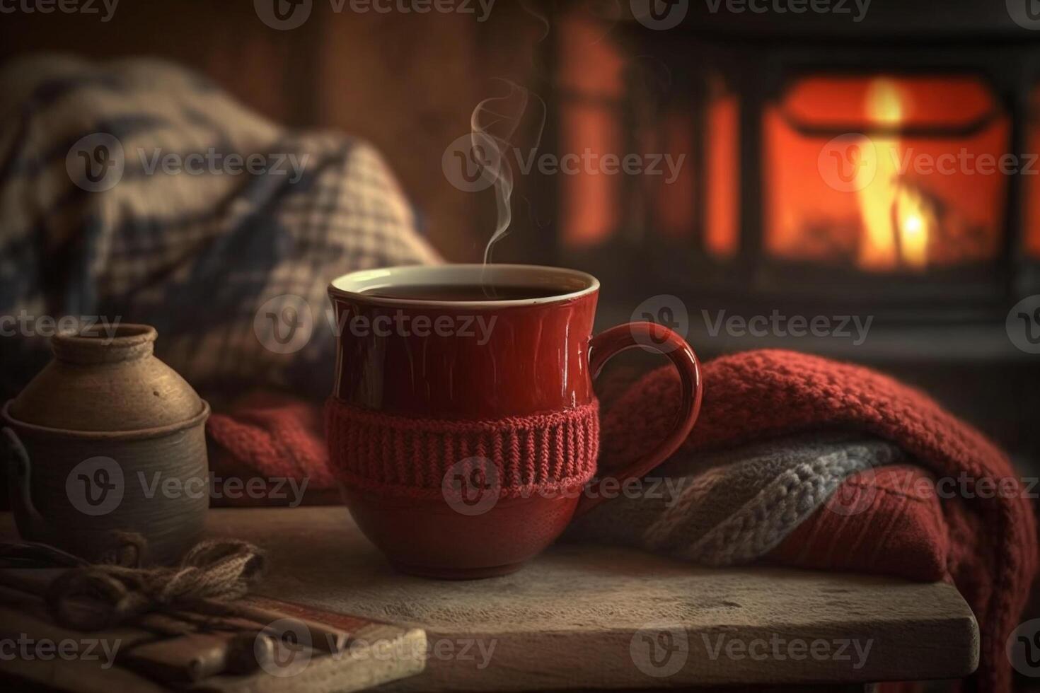 mysigt scen nära öppen spis med en röd emaljerad råna med varm te och mysigt värma scarf ai genererad foto
