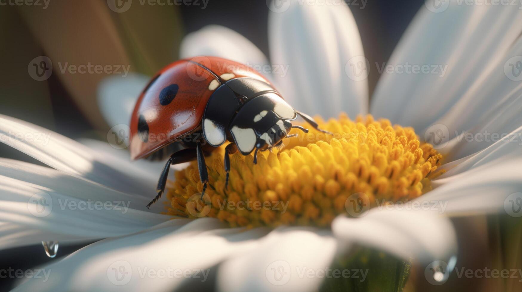 delikat charm, nyckelpiga på en daisy kronblad ai genererad foto