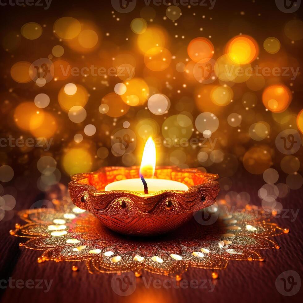 illustration av diwali festival diya lampa med rangoli på de botten. ai genererad. foto