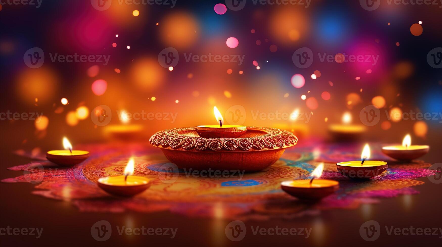 illustration av diwali festival diya lampa med rangoli på de botten. ai genererad. foto