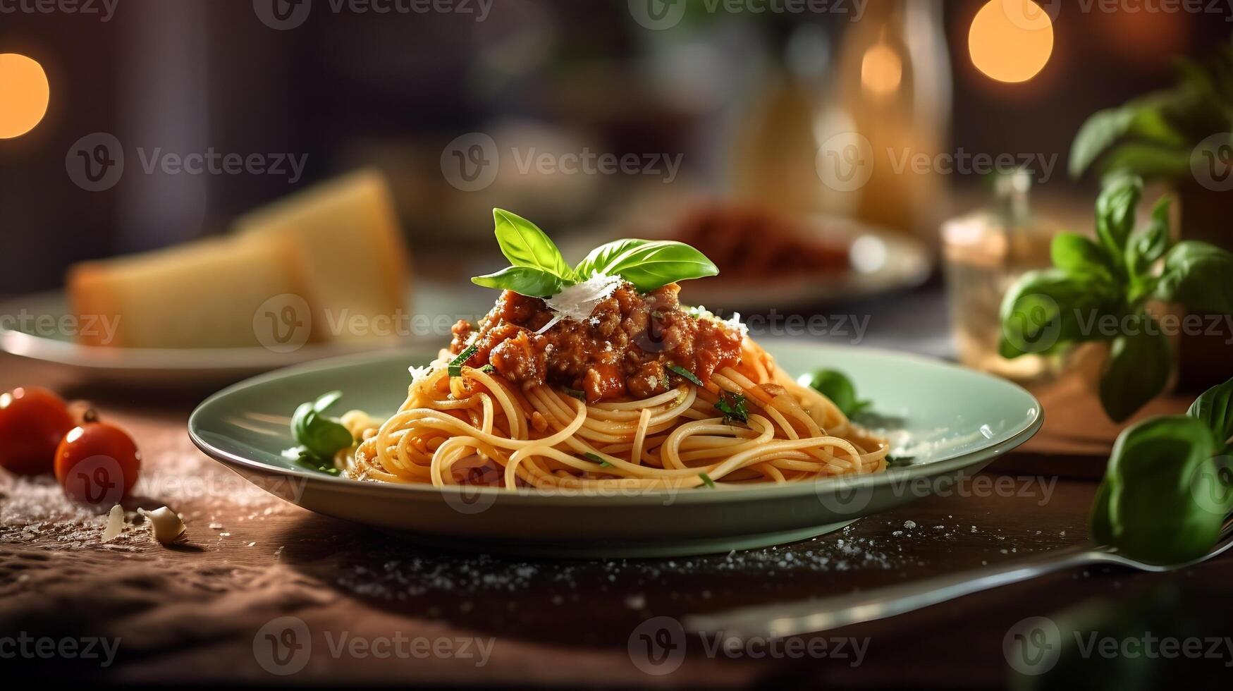 ai genererad. klassisk italiensk maträtt al dente spaghetti med smakrik bolognese sås. rustik tabell miljö med parmesan ost och basilika. årgång gaffel slutförs de bild. foto