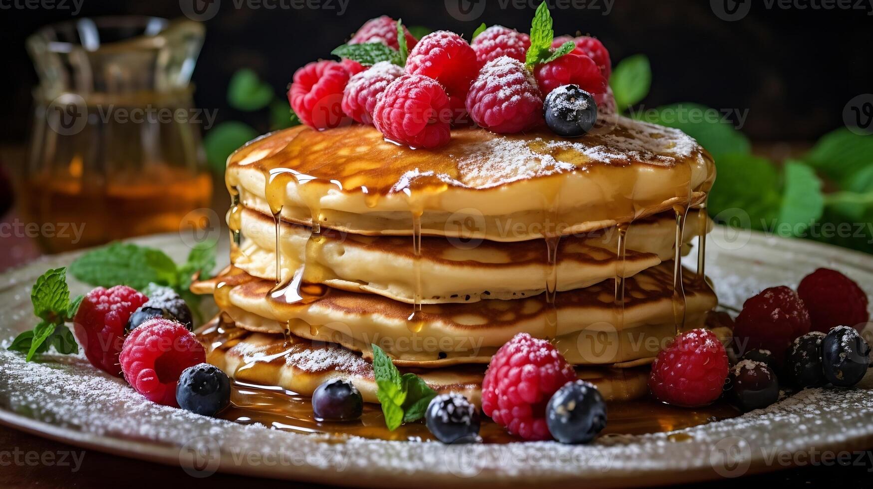 ai genererad. fluffig pannkakor med smältande Smör, duggregnat i gyllene lönn sirap. färsk bär, mynta löv, och en damning av pulveriserad socker skapa en drömmande atmosfär. foto