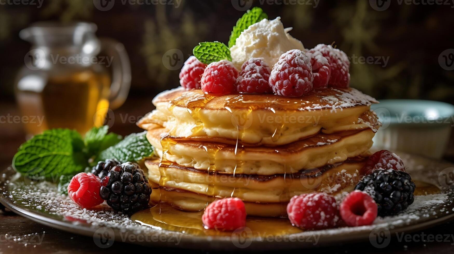 ai genererad. fluffig pannkakor med smältande Smör, duggregnat i gyllene lönn sirap. färsk bär, mynta löv, och en damning av pulveriserad socker skapa en drömmande atmosfär. foto