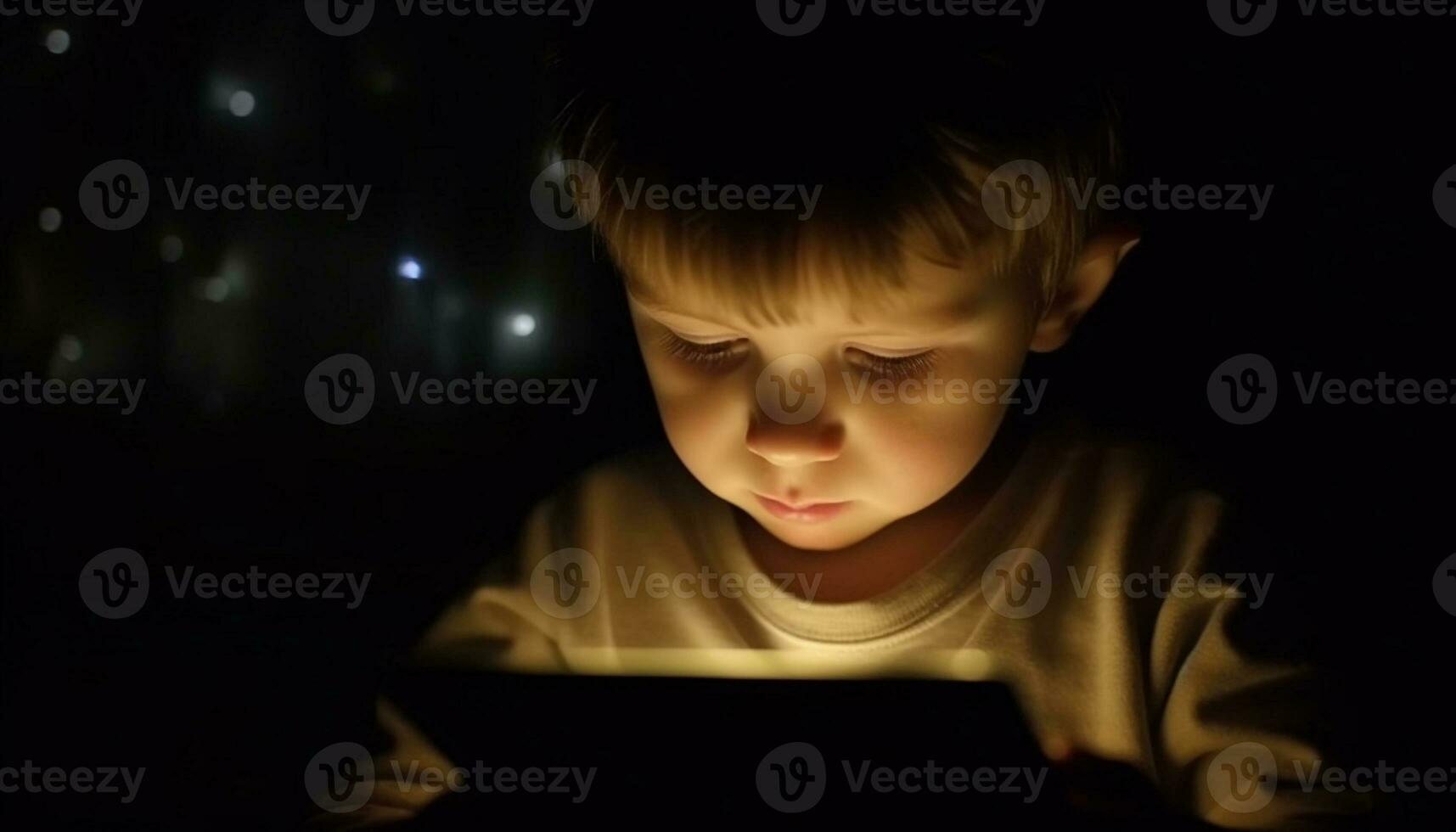 söt caucasian litet barn spelar på digital läsplatta, upplyst förbi skärm genererad förbi ai foto