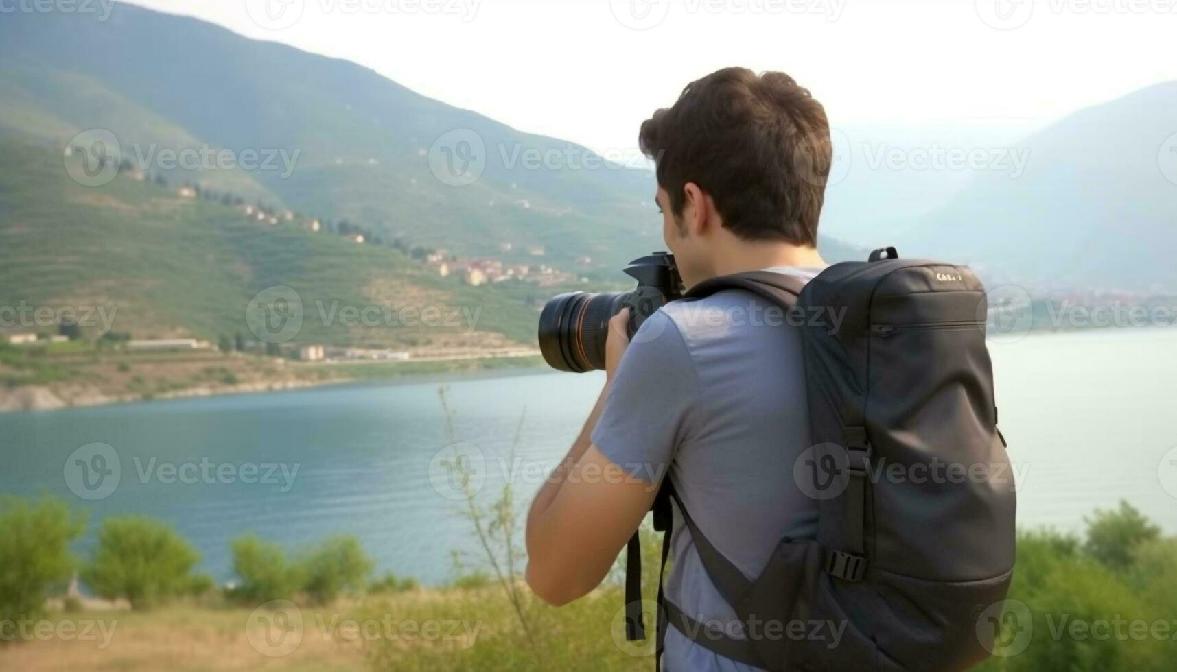 ett person vandring, fotografering berg landskap, innehav kamera, njuter äventyr genererad förbi ai foto