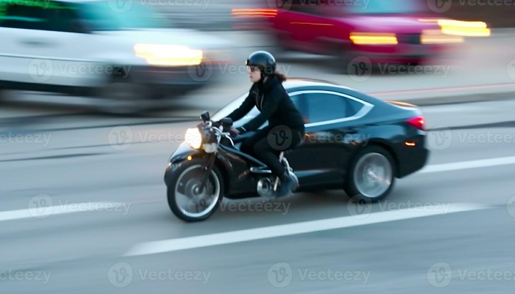 nattetid rusa timme ung cyklist på motor skoter races bil genererad förbi ai foto