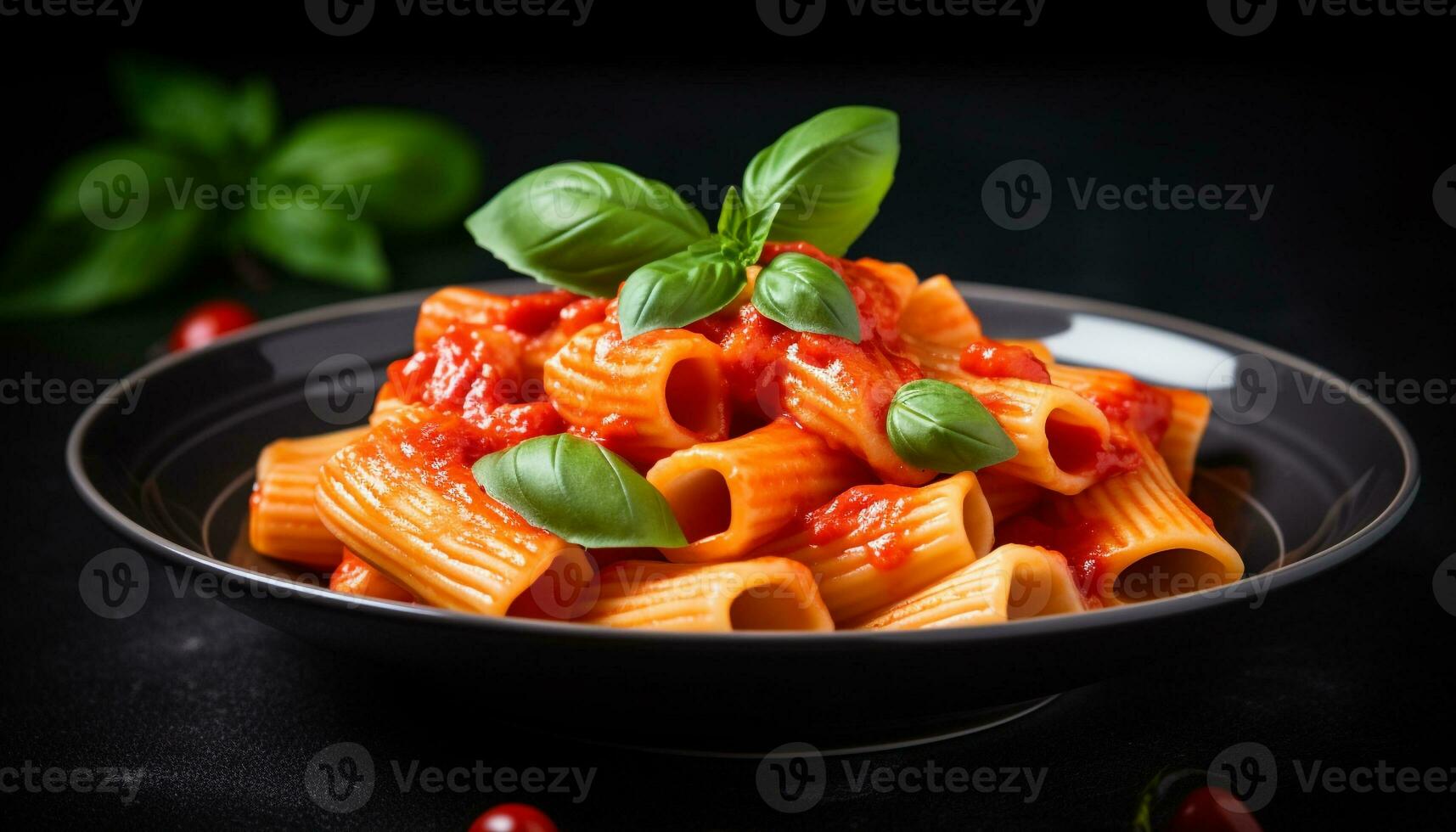 friska vegetarian pasta måltid med färsk tomat och ört sås genererad förbi ai foto