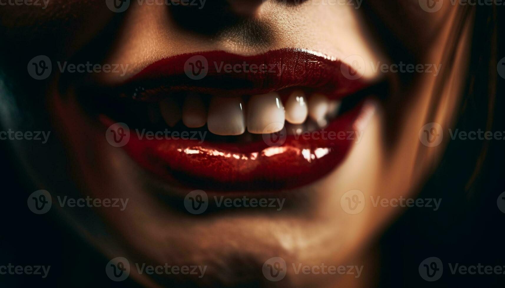 skön kvinna med skinande läppstift ler, som visar av vit tänder genererad förbi ai foto