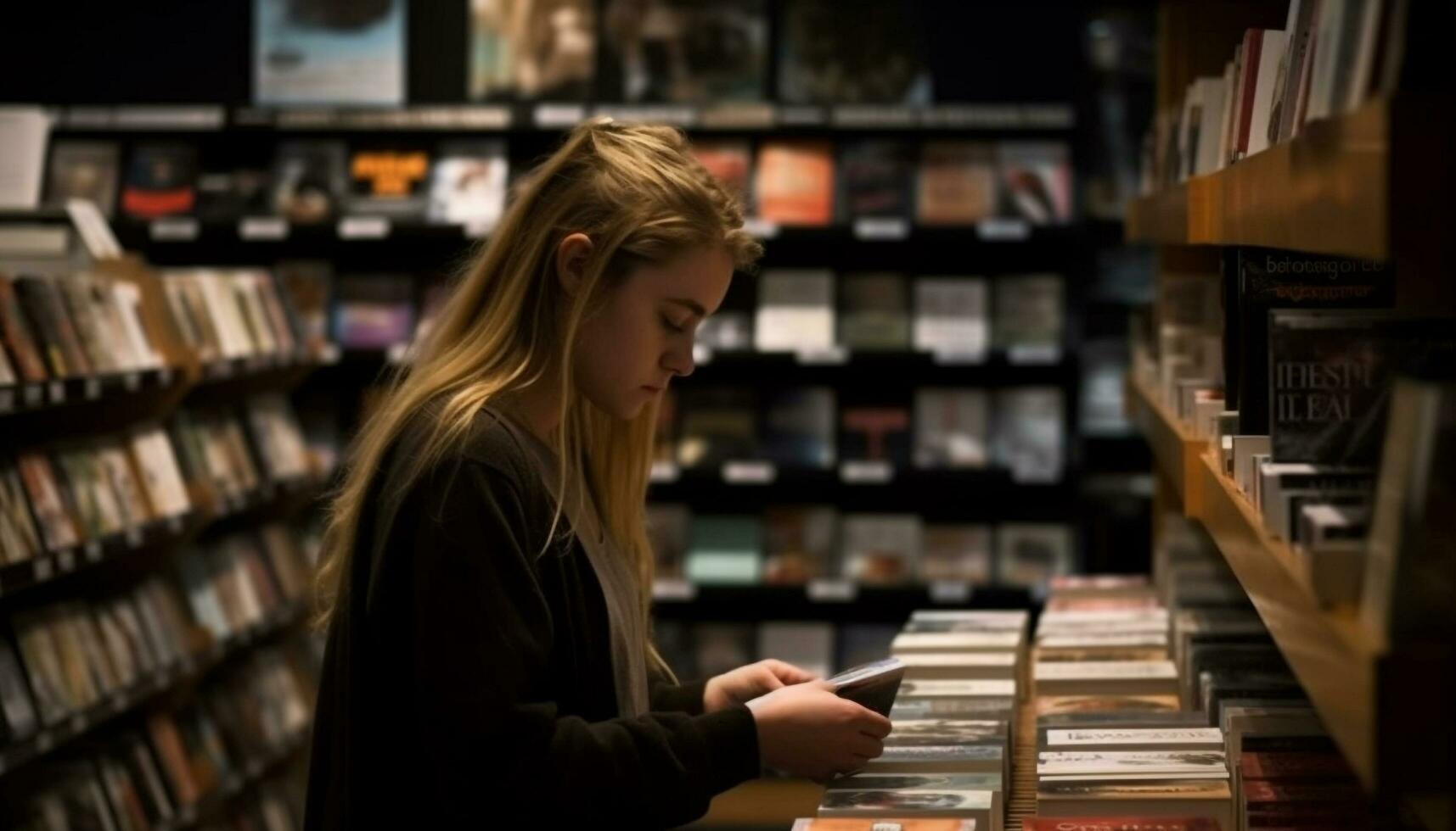 ett kvinna välja från ett överflöd av böcker i bibliotek genererad förbi ai foto