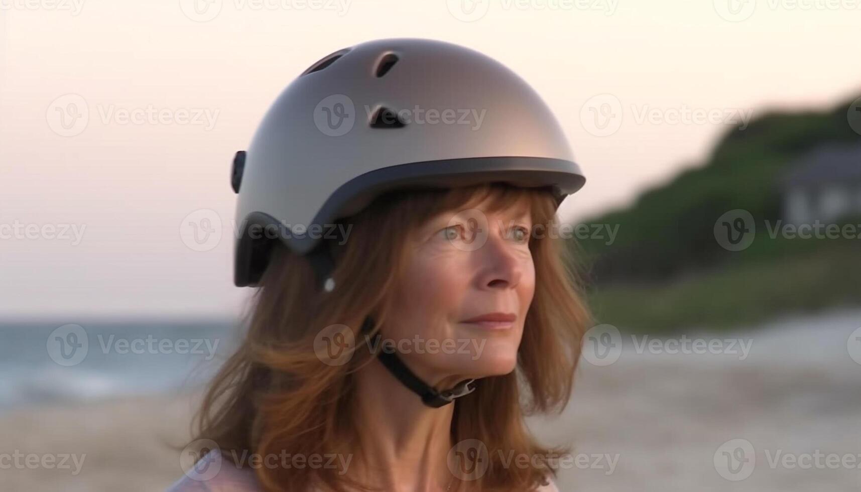 ung kvinna ler, fri och säker, cykling i natur skönhet genererad förbi ai foto