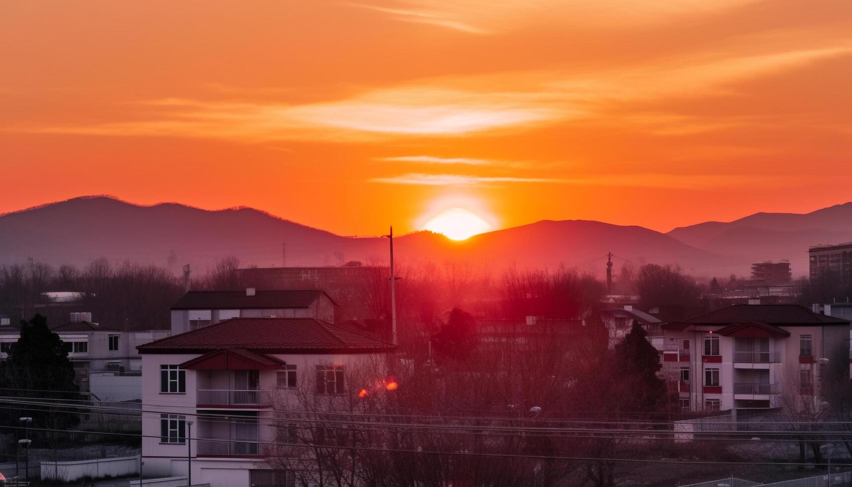 silhuett av skyskrapor mot lugn solnedgång, skönhet i stad liv genererad förbi ai foto