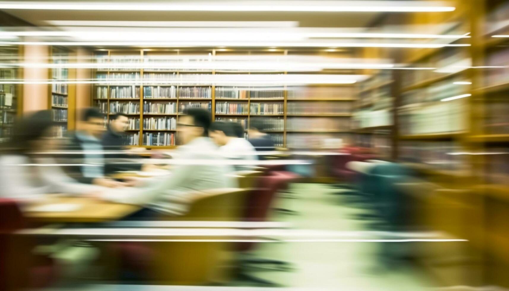 upptagen modern bokhandel med suddig rörelse av gående kunder och studenter genererad förbi ai foto