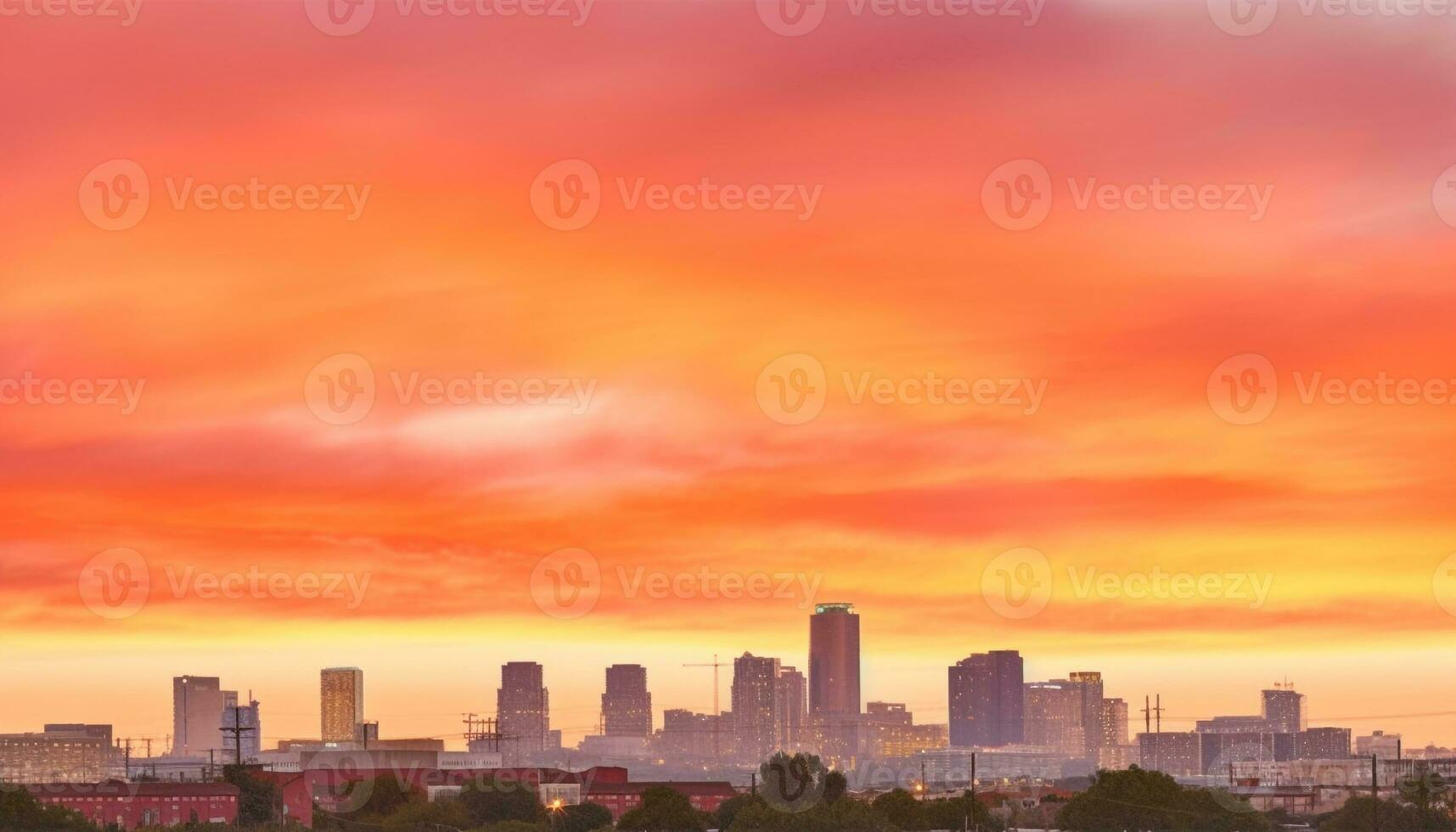 vibrerande stad horisont upplyst förbi dramatisk solnedgång över modern skyskrapor genererad förbi ai foto