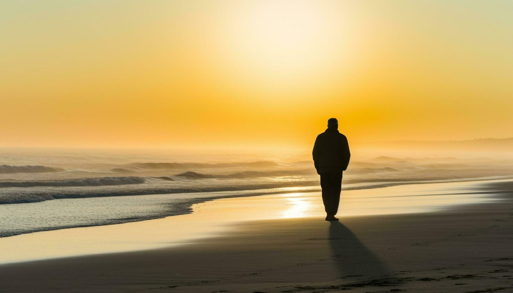 silhuett av ett person gående på lugn strand på skymning genererad förbi ai foto