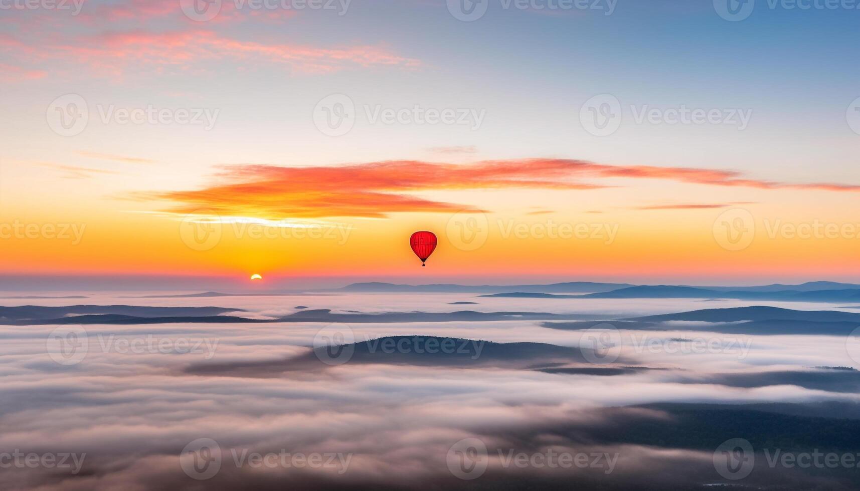 berg topp på skymning, varm luft ballong flygande hög upp genererad förbi ai foto