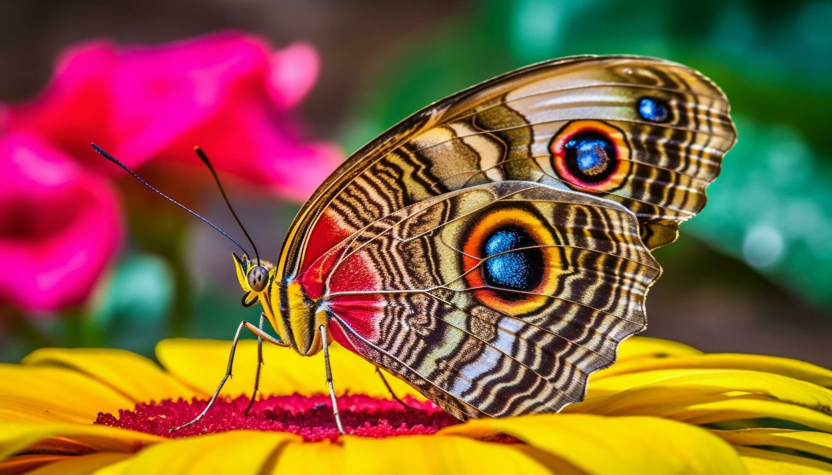 vibrerande fjäril pollinerar enda blomma i tropisk regnskog skönhet genererad förbi ai foto