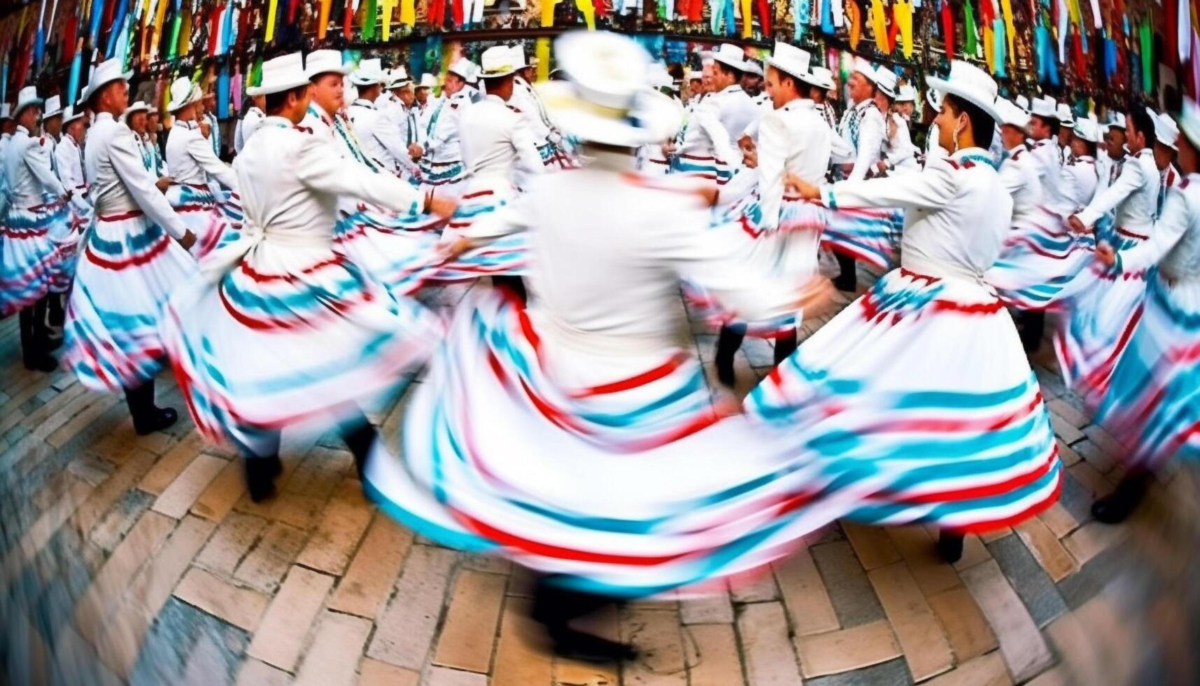 stor grupp av människor i traditionell Kläder dans på utomhus- festival genererad förbi ai foto