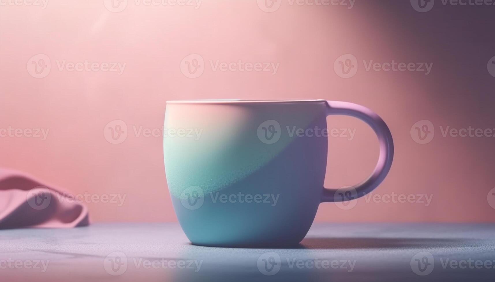 varm kaffe i blå råna på trä- tabell, Nej människor genererad förbi ai foto