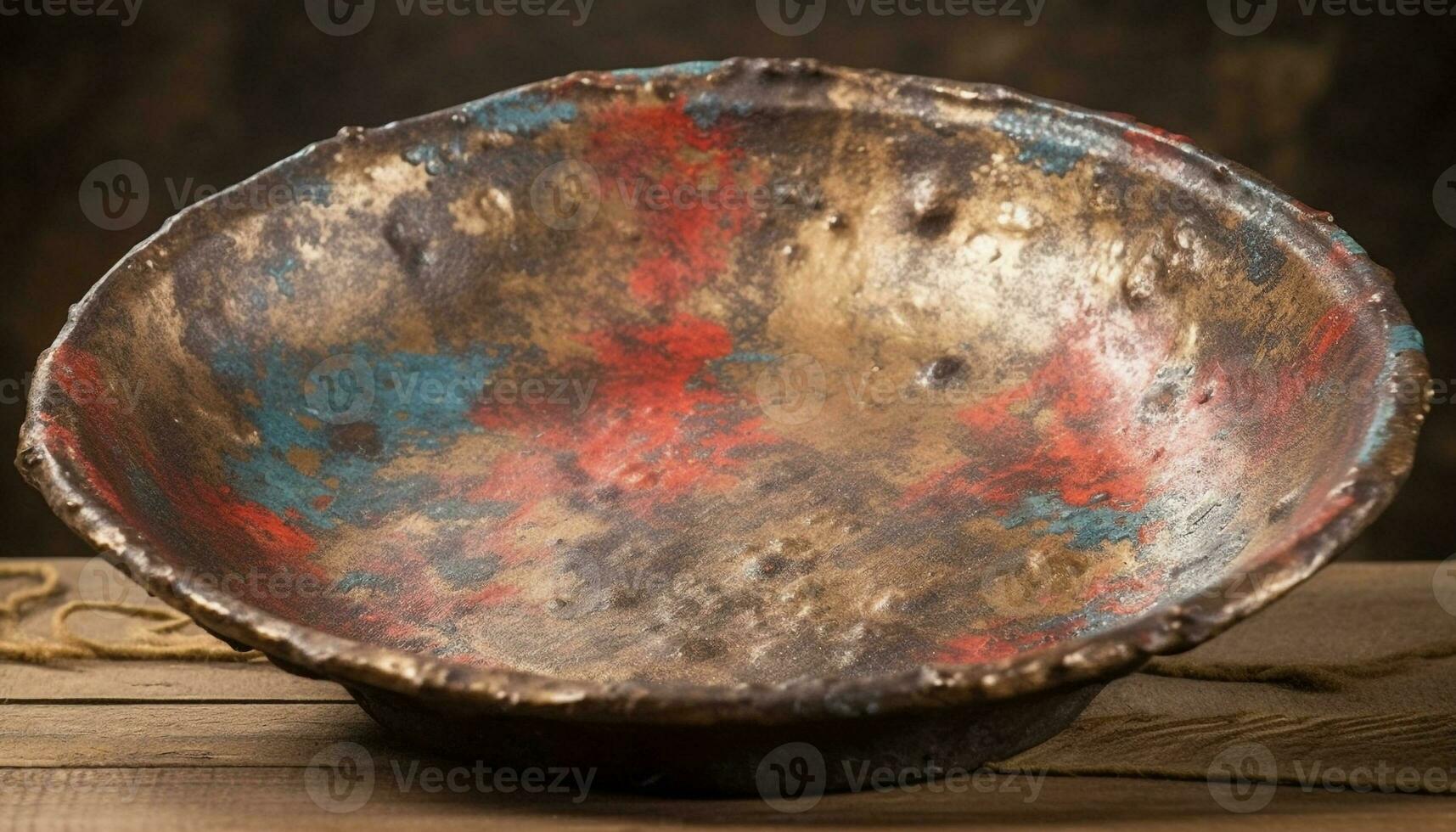 rustik lergods skål med antik krukmakeri dekoration på trä- tabell genererad förbi ai foto