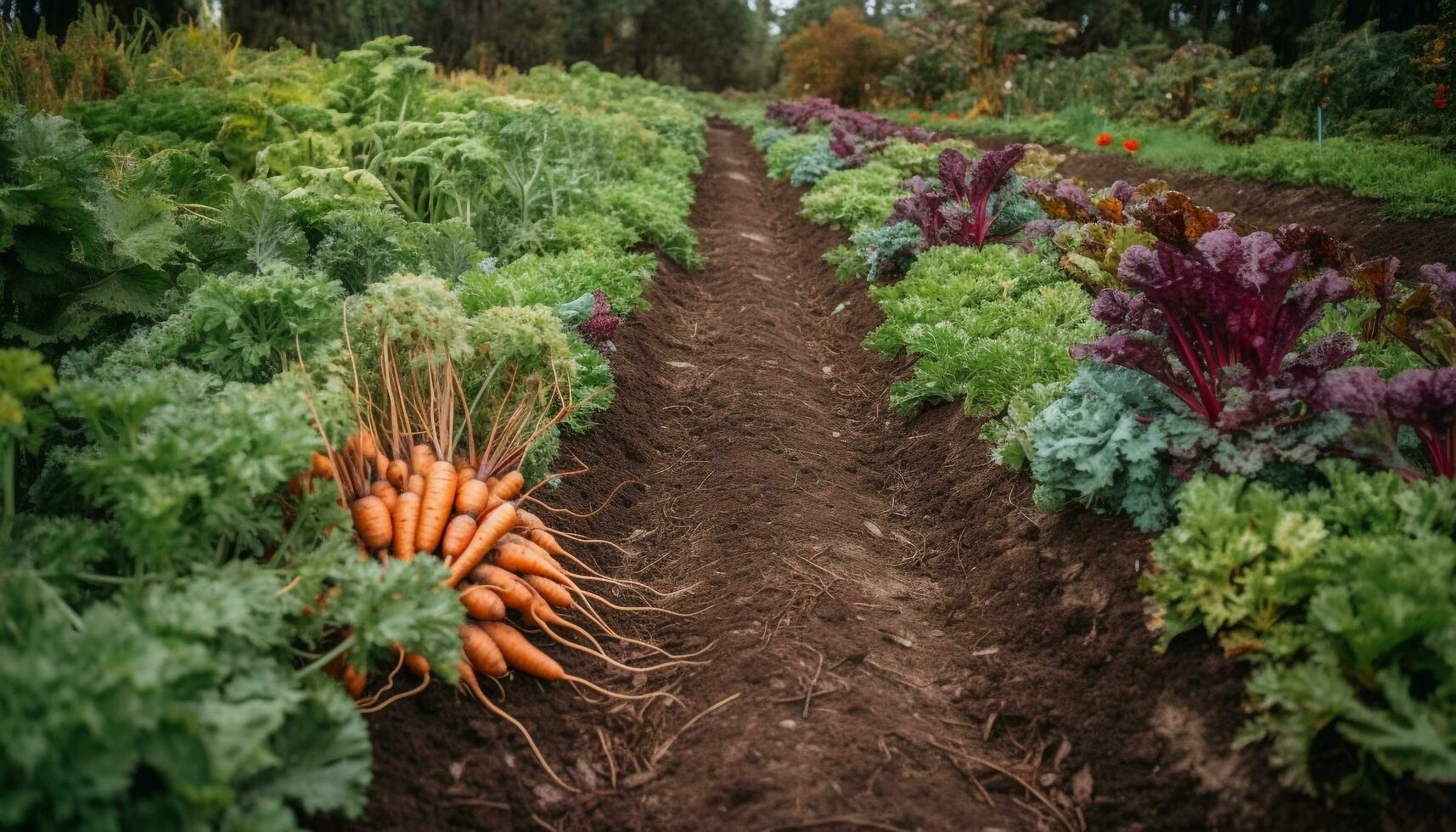 färsk organisk morötter växa i de friska vegetabiliska trädgård utomhus genererad förbi ai foto