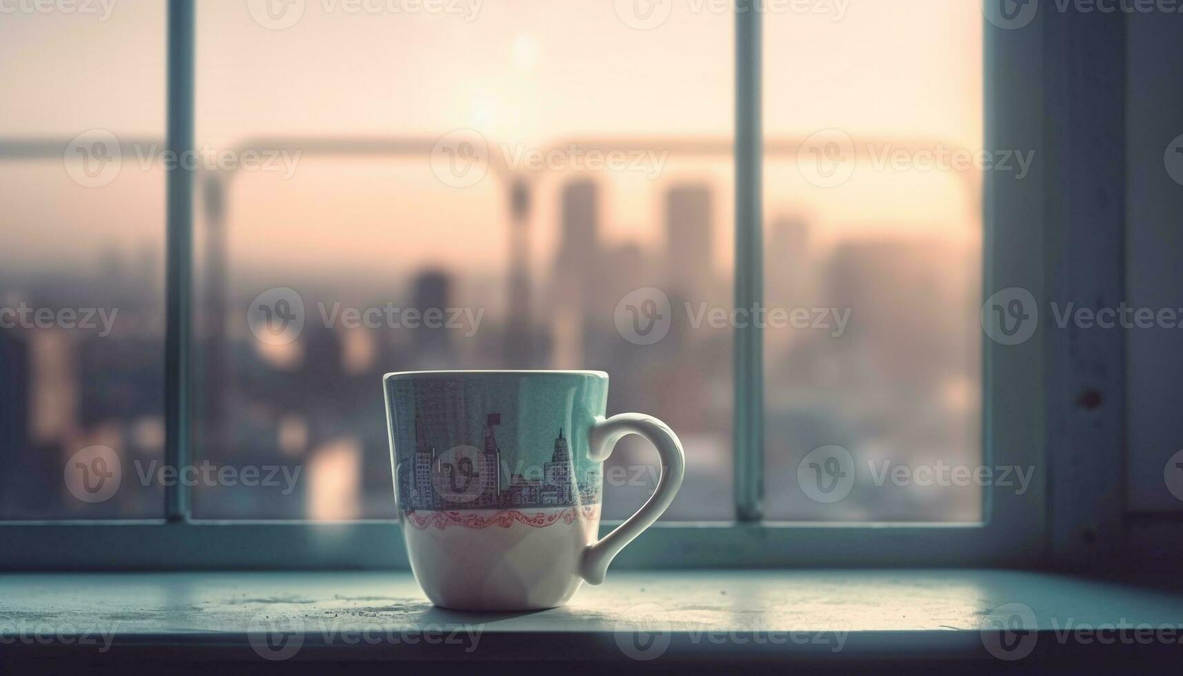 stad liv heat upp med kaffe som skyskrapor silhuett solnedgång genererad förbi ai foto