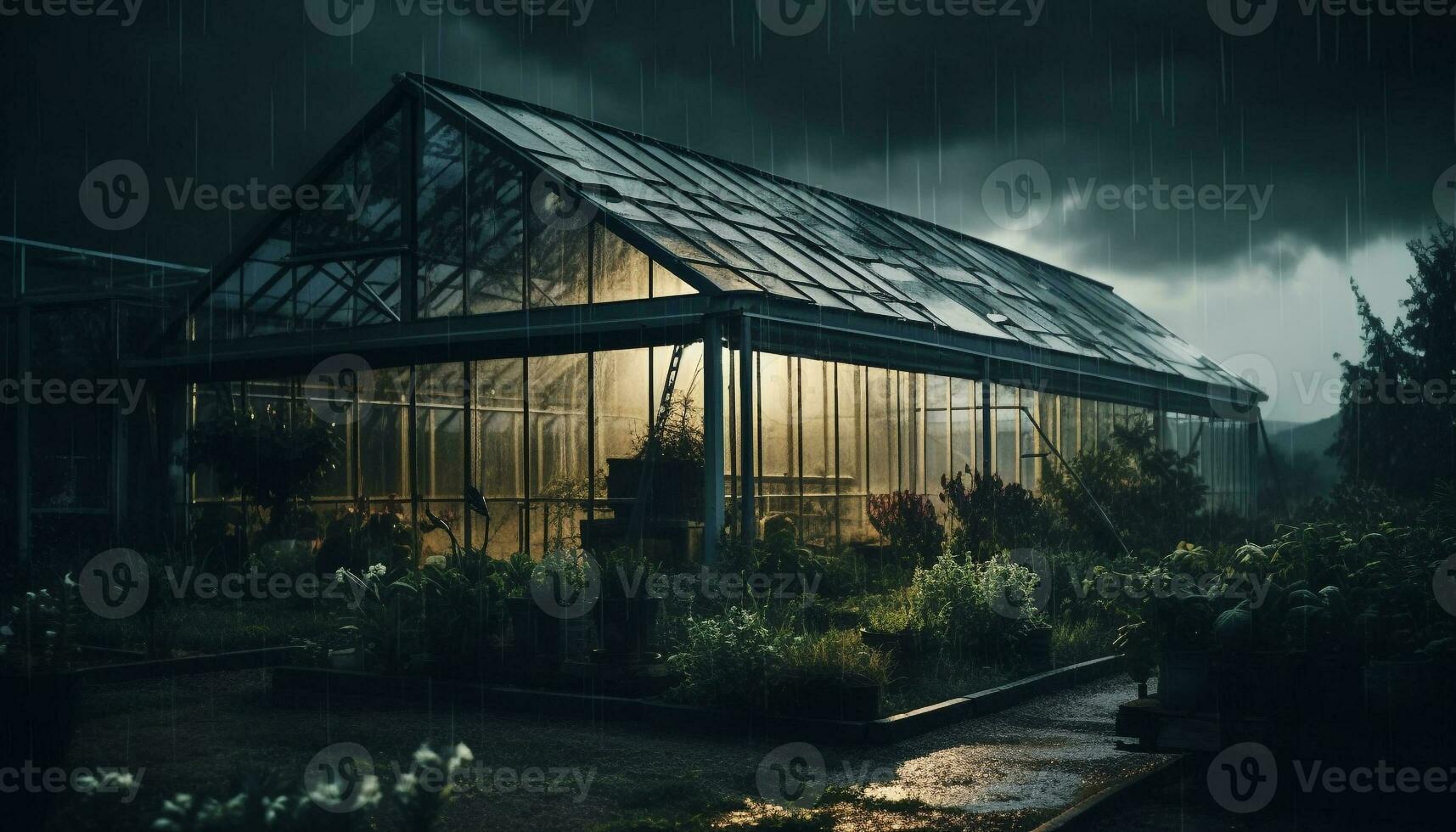 organisk tillväxt trivs i modern växthus, upplyst förbi läskigt skymning genererad förbi ai foto