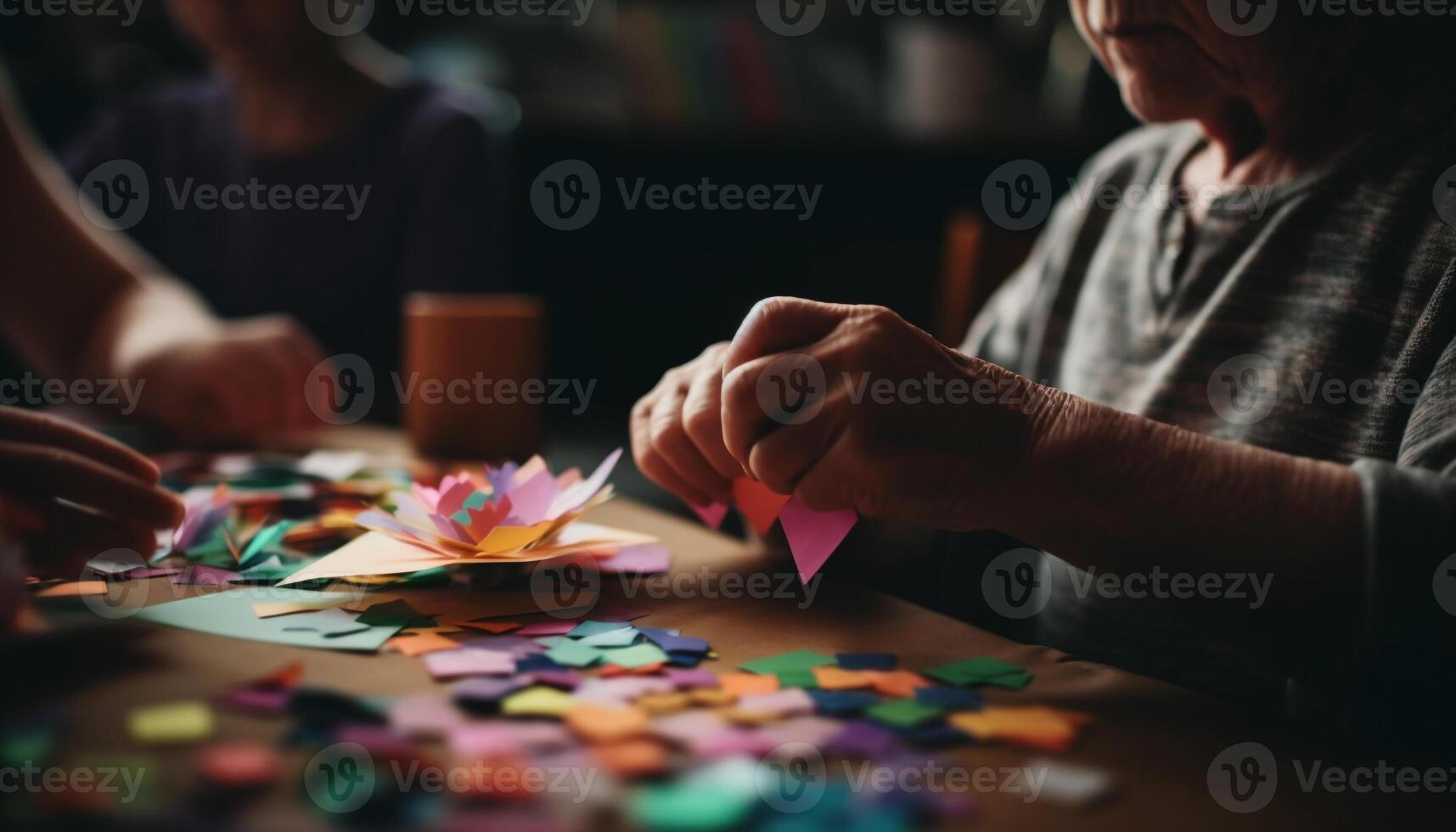 senior vuxen åtnjuter fritid aktivitet, innehav färgrik hantverk papper genererad förbi ai foto