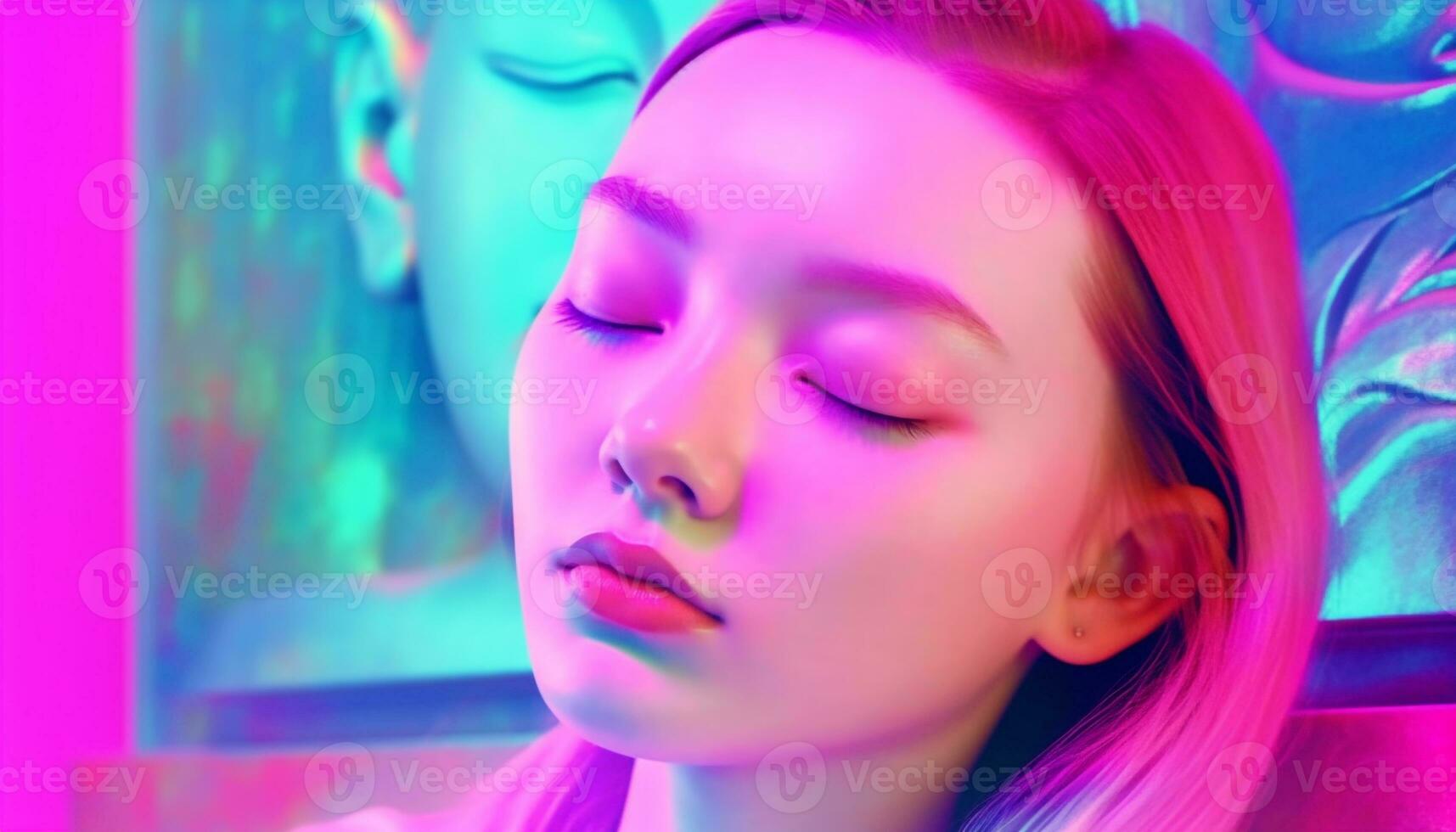 ett skön ung vuxen kvinna, ögon stängd, lysande i ultraviolett ljus genererad förbi ai foto