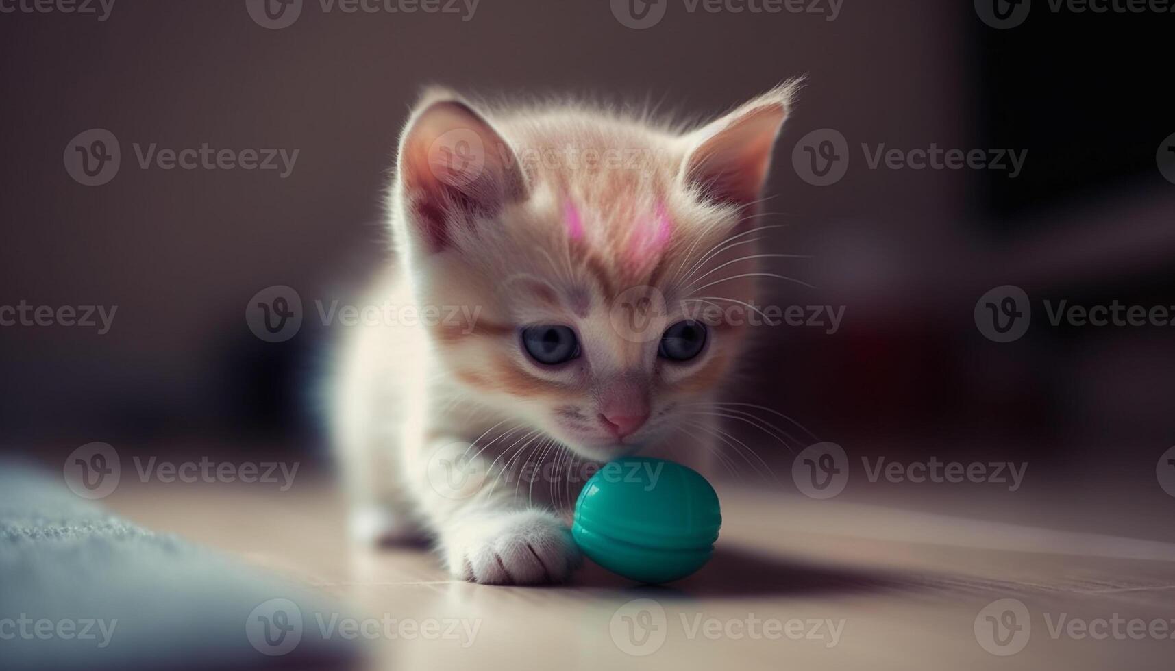 söt kattunge spelar med blå boll, fokus på förgrund roligt genererad förbi ai foto