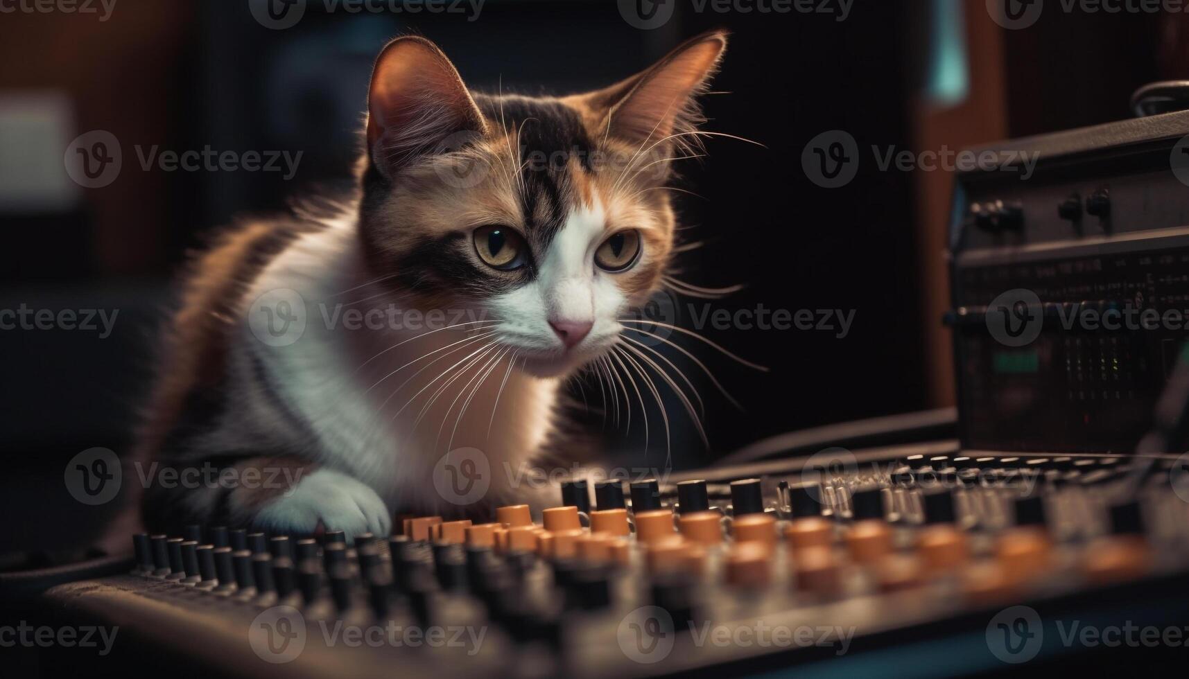 söt kattunge spelar på dator skrivbord, polisonger fokuserade på tangentbord genererad förbi ai foto