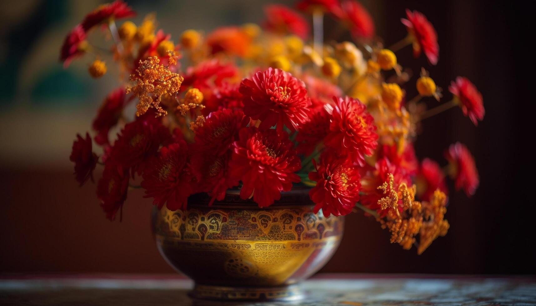 rustik krukmakeri vas innehar mång färgad bukett av färsk höst blommor genererad förbi ai foto