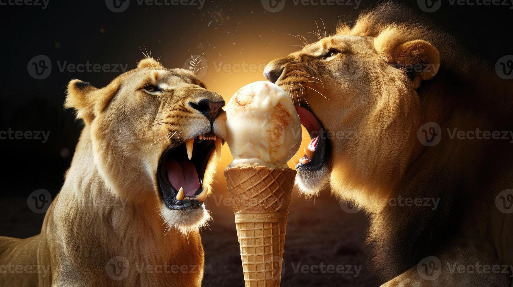 lejon slick is grädde koner med deras kraftfull tungor frammanande de tillfredsställelse och nöje av hänge sig åt i en krämig efterrätt ai genererad foto