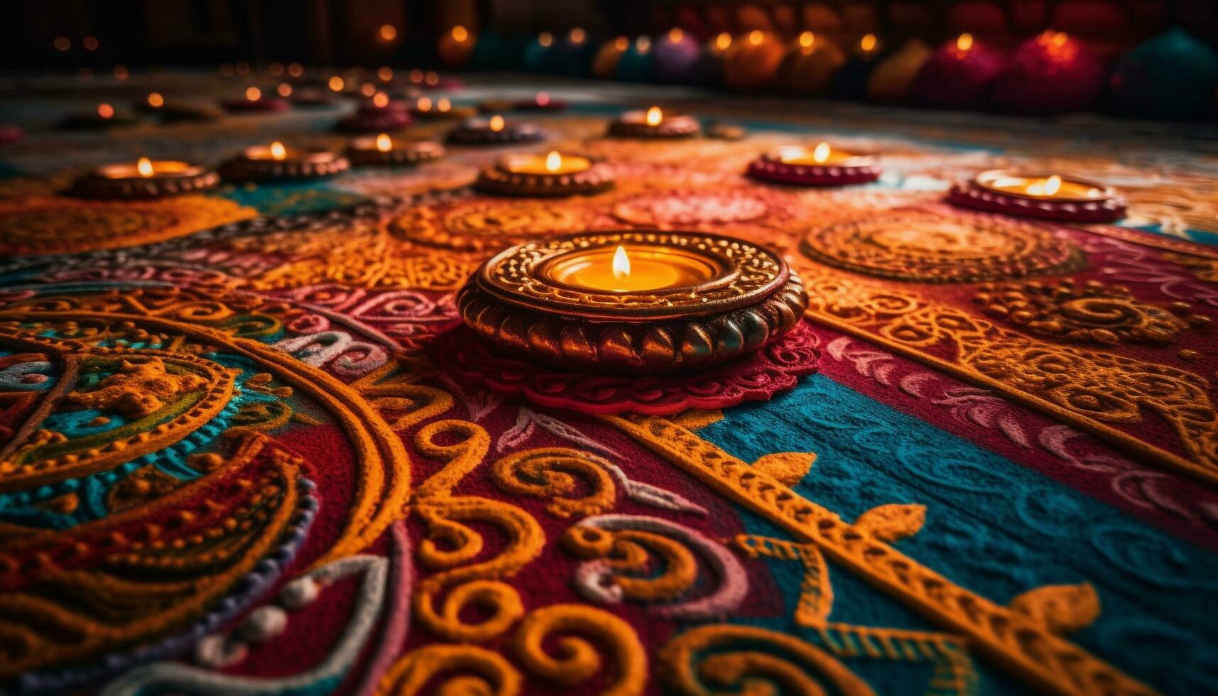 mång färgad ljus belysa traditionell hindu ceremoni inomhus genererad förbi ai foto