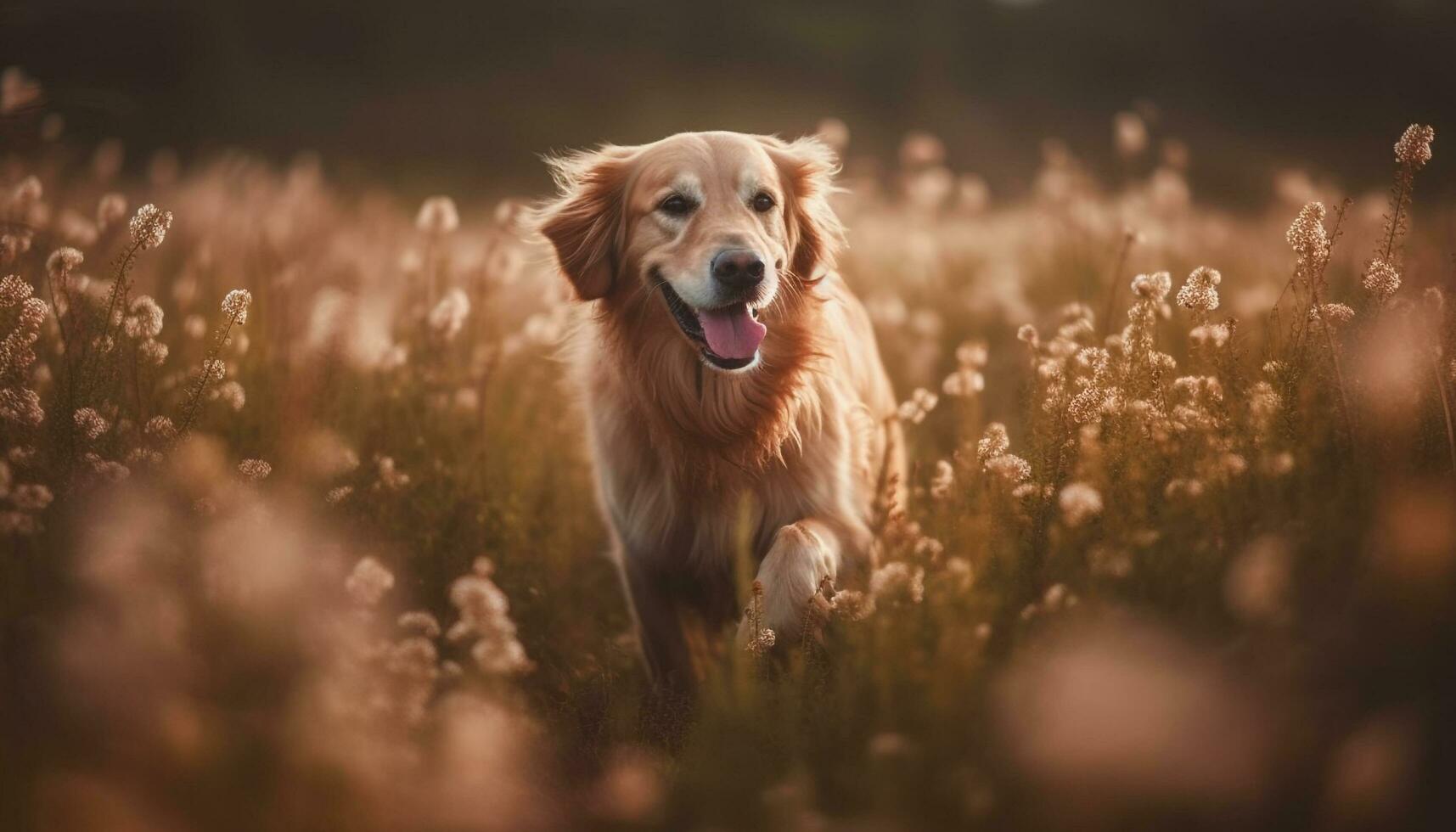 gyllene retriever valp spelar i solig äng genererad förbi ai foto