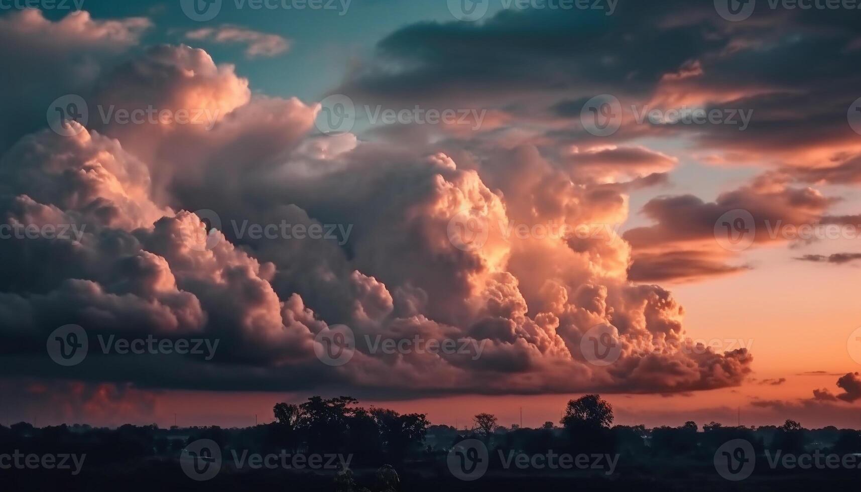 vibrerande solnedgång himmel silhuetter lugn träd skönhet genererad förbi ai foto