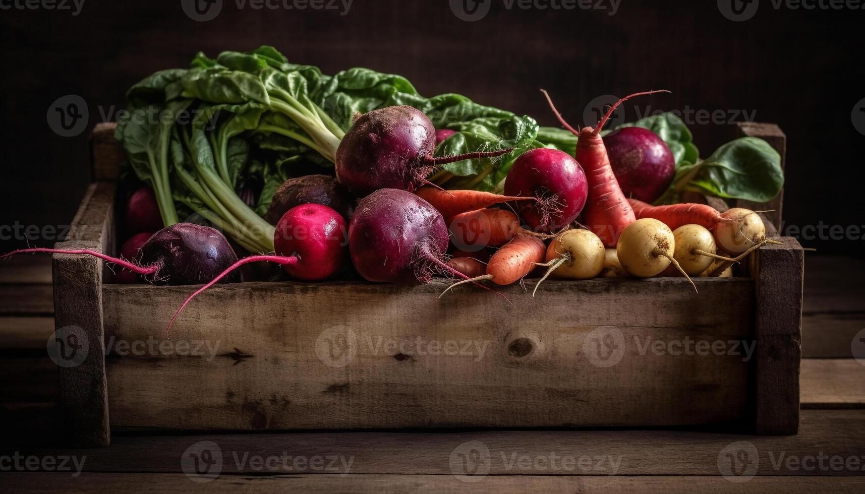 friska måltid av färsk grönsaker på rustik planka genererad förbi ai foto