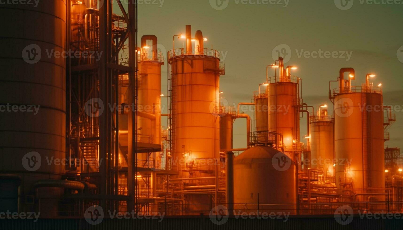 raffinaderi tänds skymning med bränsle lagring tankar genererad förbi ai foto