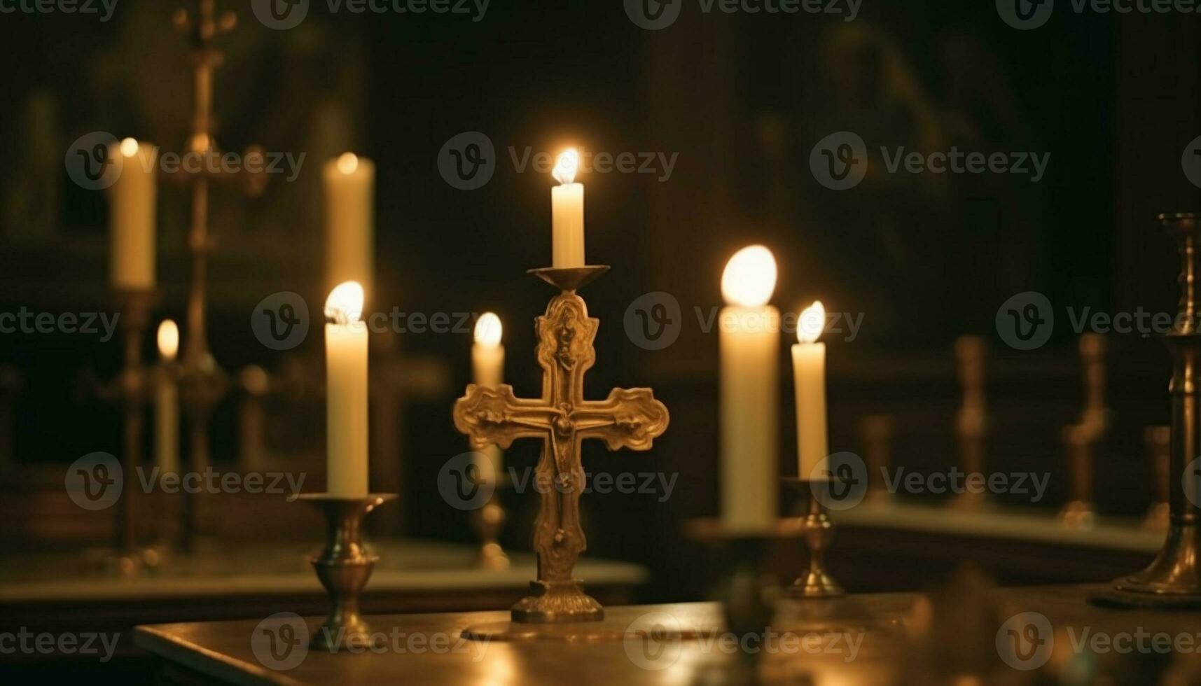 katolik ljus brinnande i upplyst altare dekoration genererad förbi ai foto
