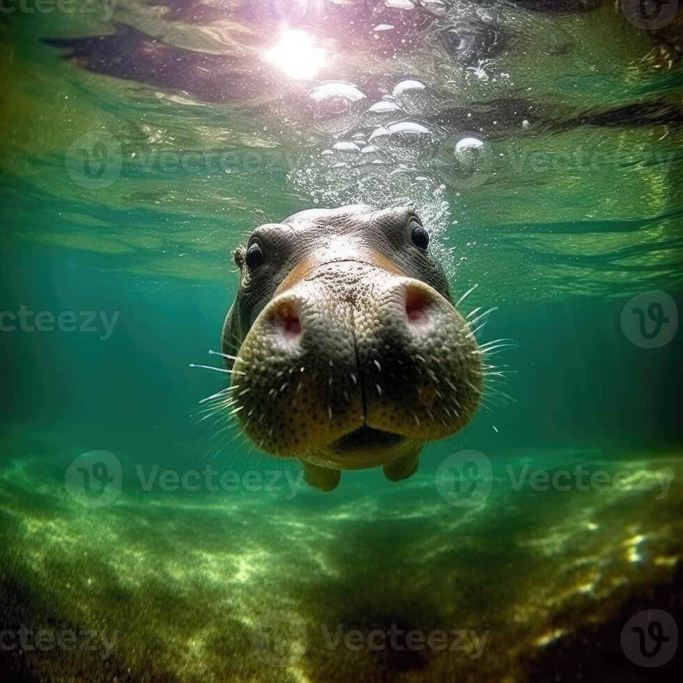 flodhäst simning under vattnet, ai genererad. foto