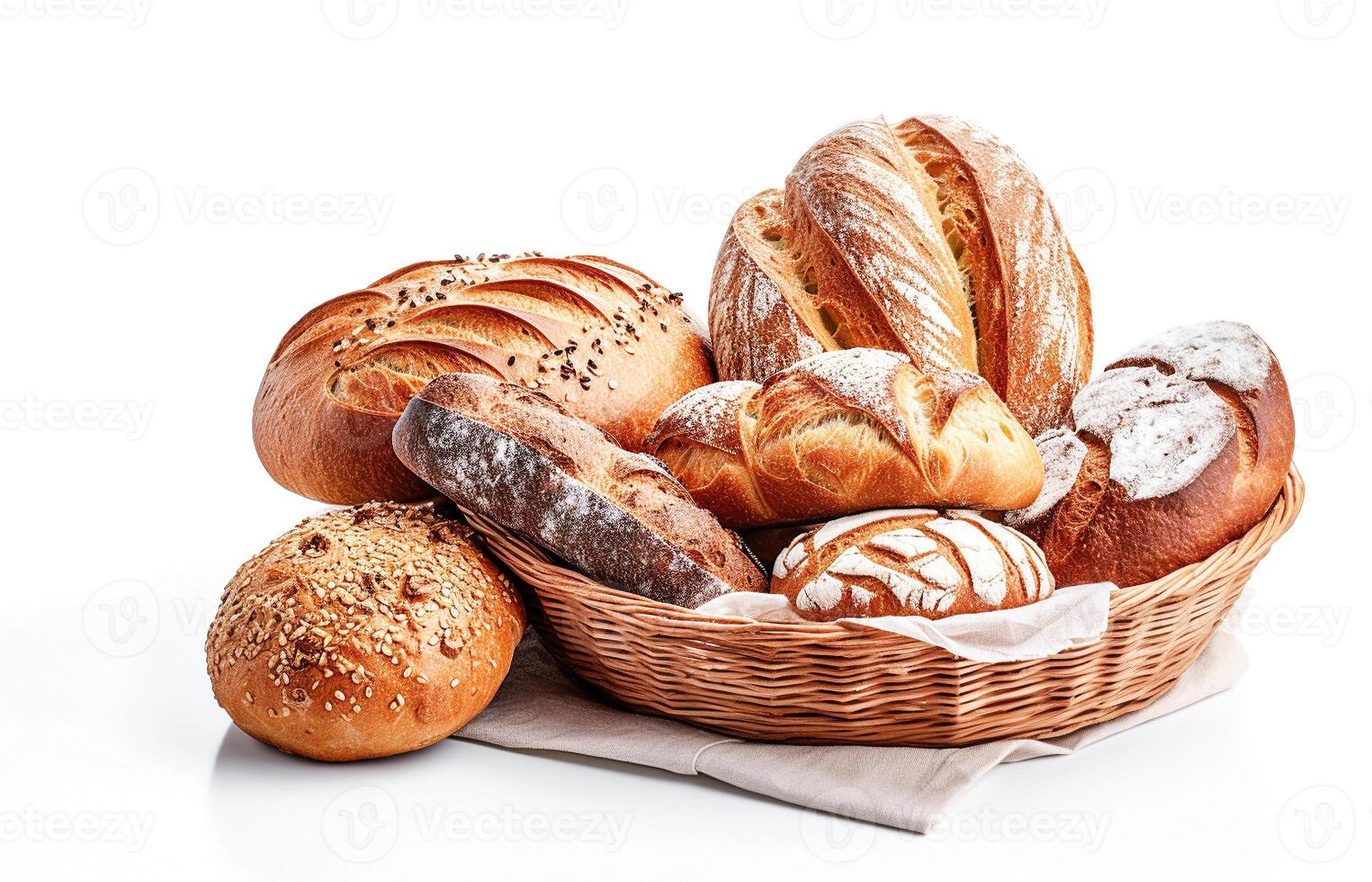 ai generativ. korg av olika bröd och bullar på vit foto