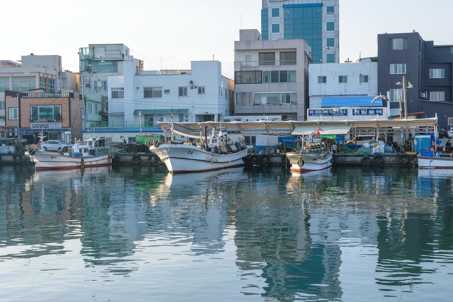 seoul, korea 2016 - fiskebåtar dockade vid en fiskeby i korea foto