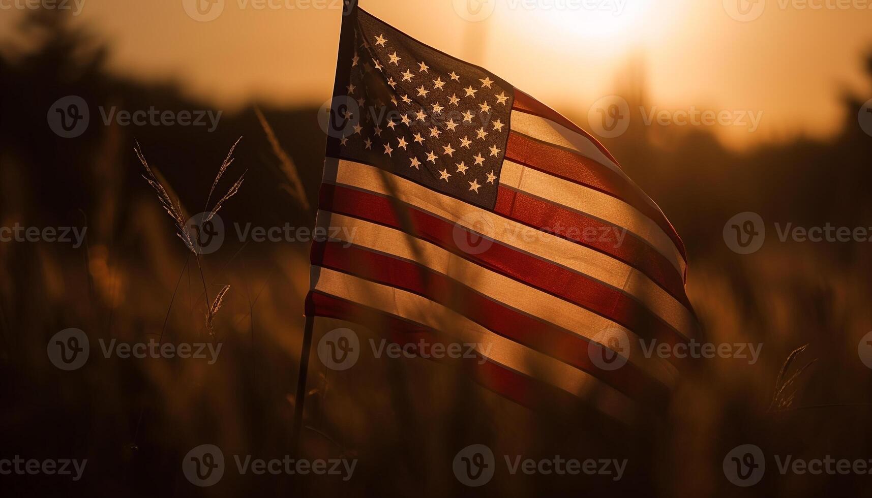 solnedgång himmel, amerikan flagga, symbol av frihet genererad förbi ai foto