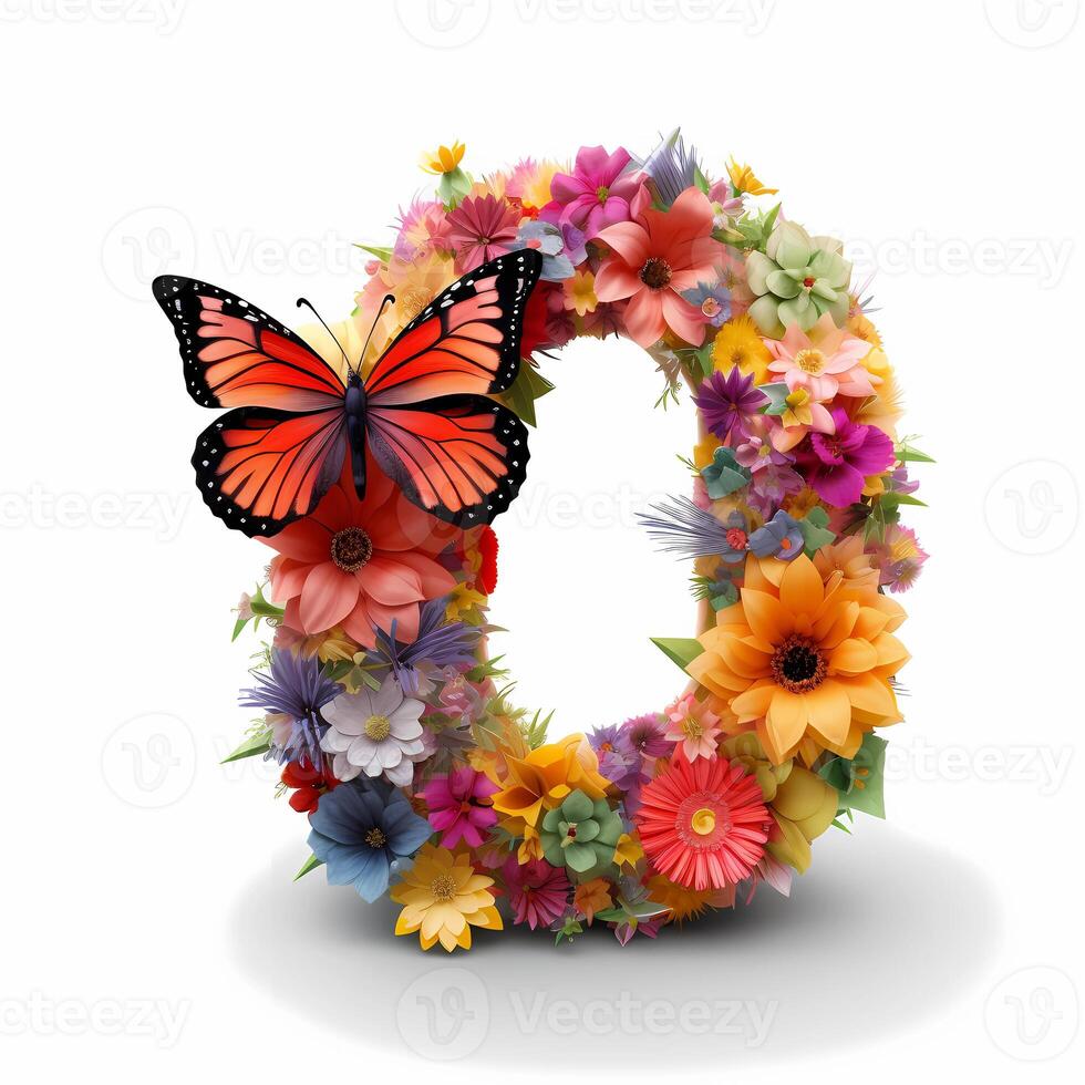 de siffra 0 är tillverkad av blommor och fjärilar, blommor insvept brev, blommig brev, ai genererad foto