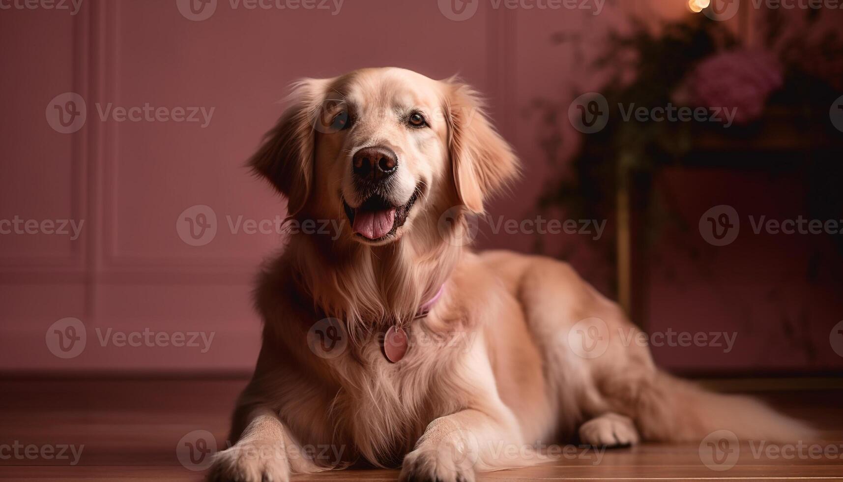 gyllene retriever valp Sammanträde, ser på kamera inomhus genererad förbi ai foto