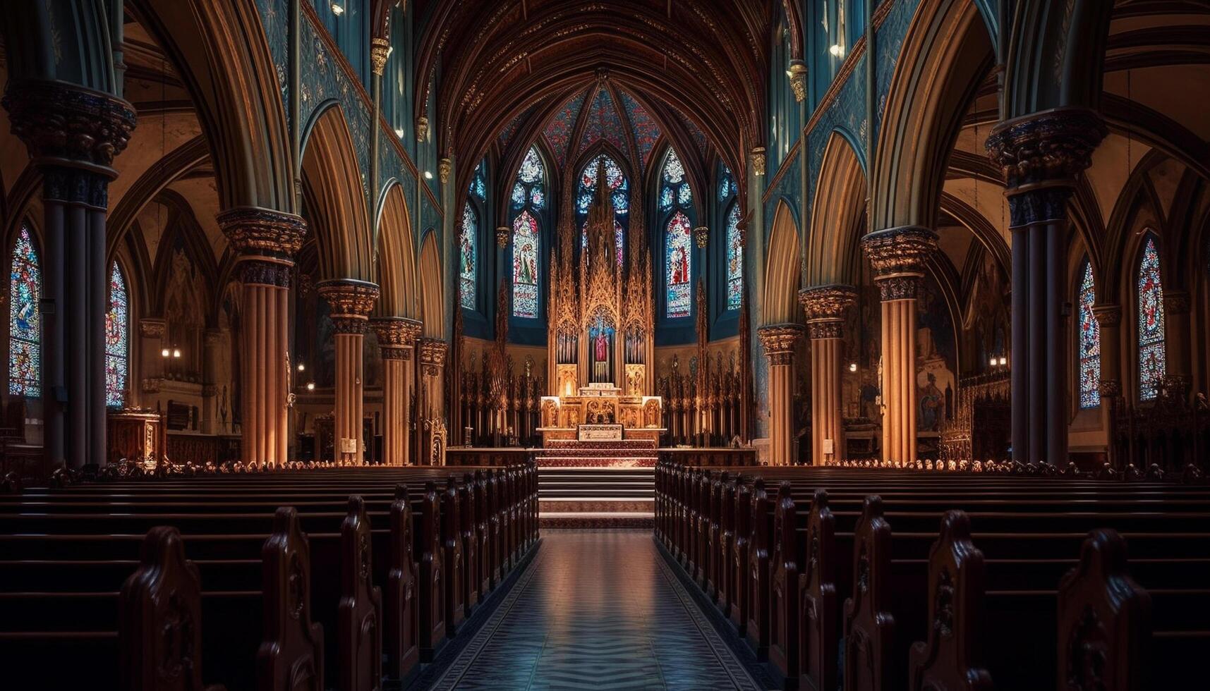 majestätisk katedral med färgade glas fönster och altare genererad förbi ai foto