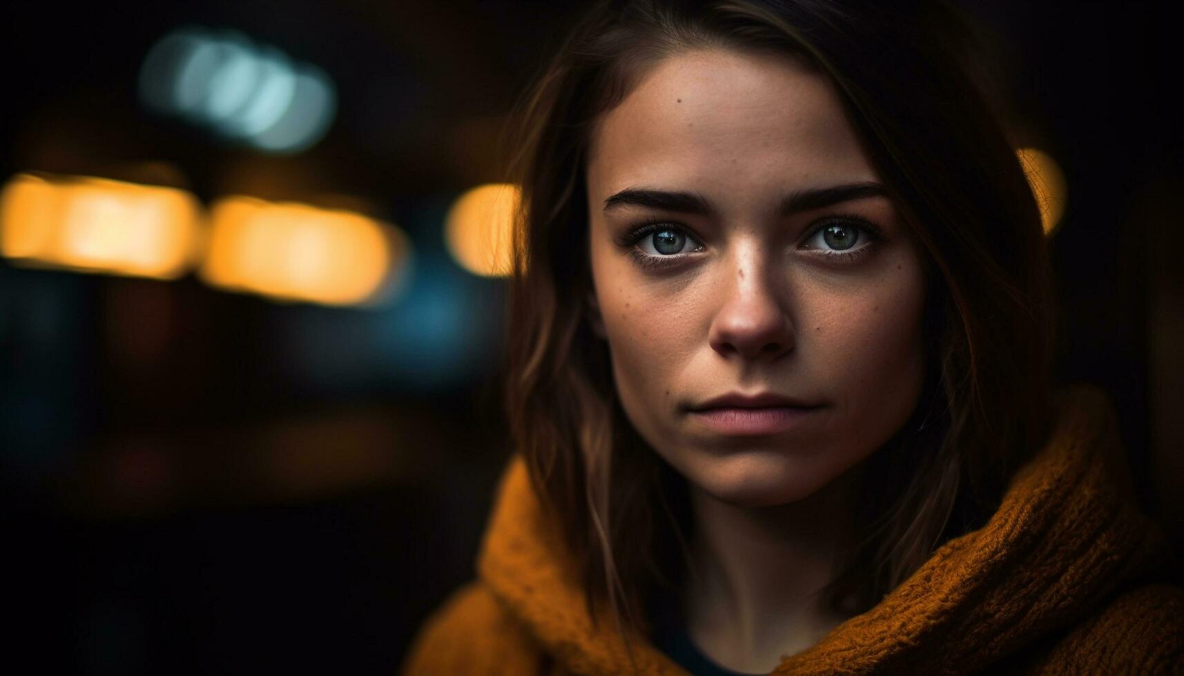 ung kvinna ser på kamera, upplyst ensamhet genererad förbi ai foto