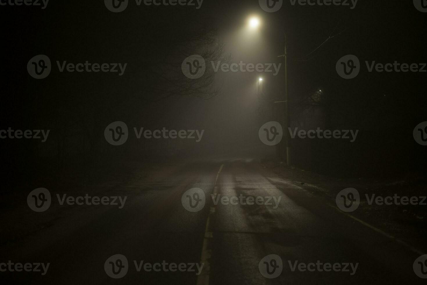 väg på natt i dimma. dimma på schosse. svag ljus på väg i mörk. foto