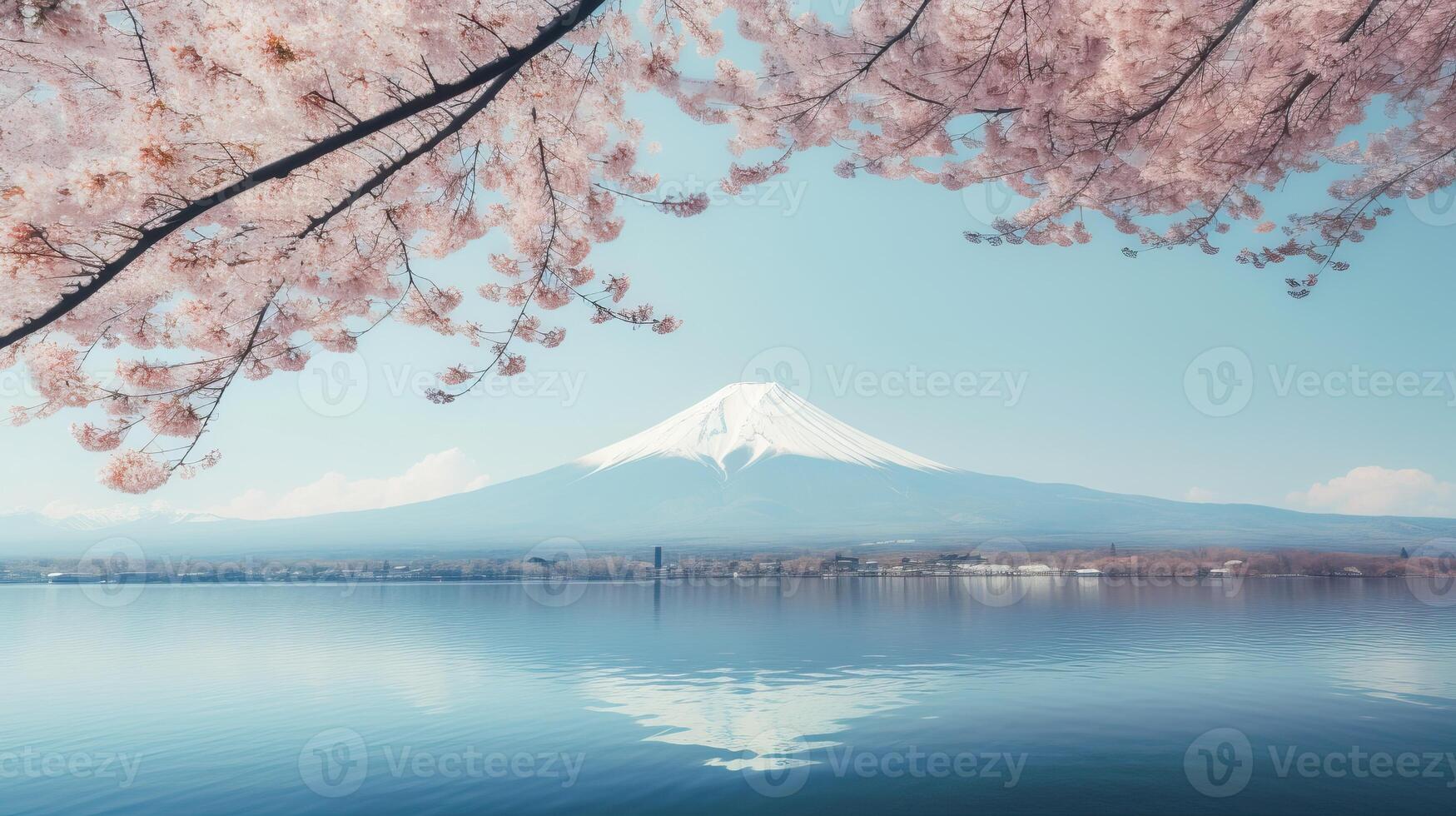 fuji berg och körsbär blommar i vår. generativ ai foto
