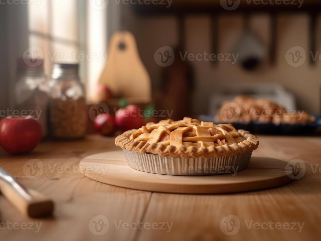 hemlagad äpple paj på trä- bakgrund. generativ ai foto