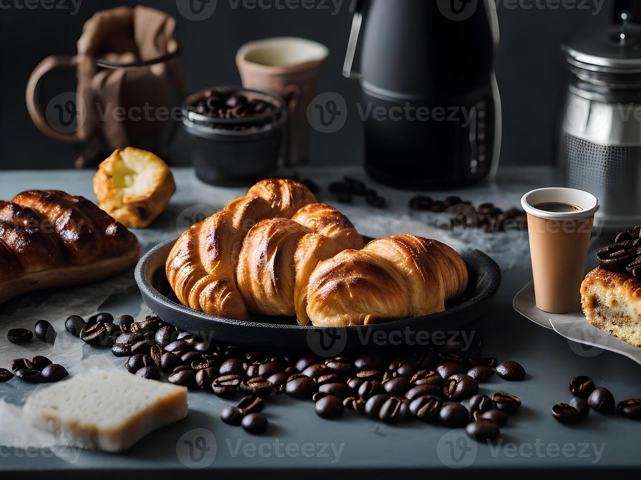 frukost med kaffe och croissanter på en svart bakgrund. generativ ai foto